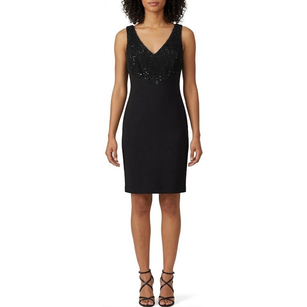 NWT LAUREN Ralph Lauren Sheath in Black Sequin Embellished V-neck Dress 8 $185